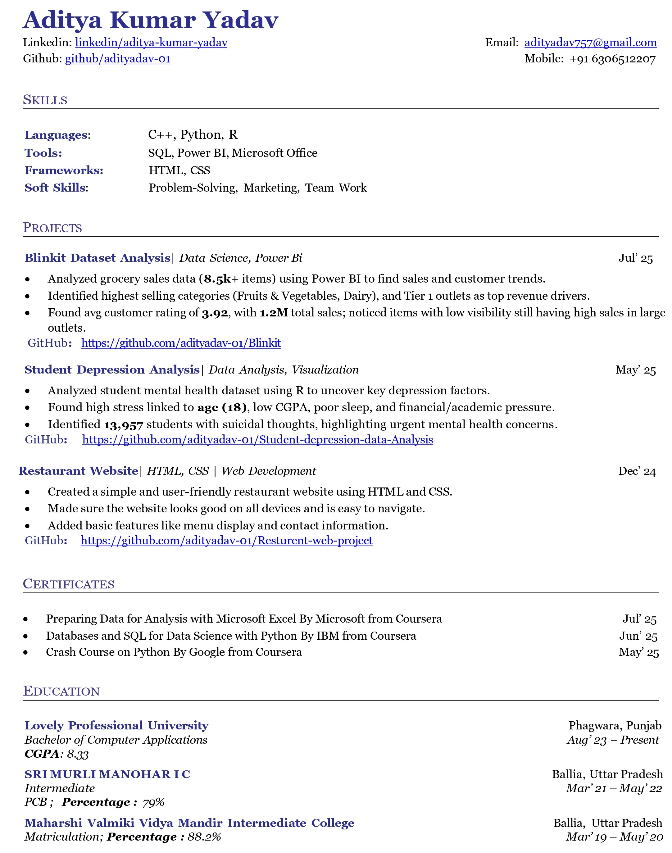 Aditya's Resume Preview